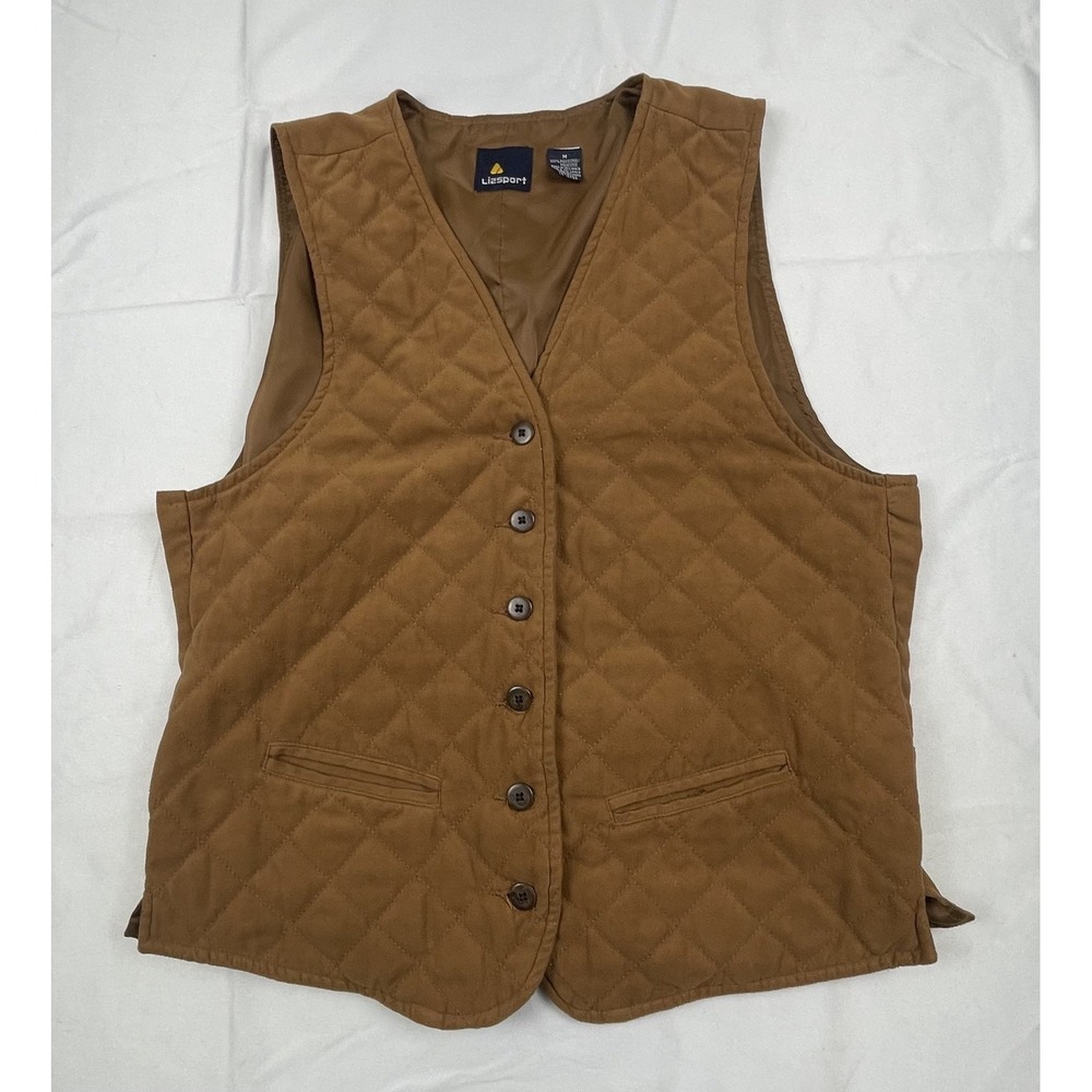 LIZSPORT WOMENS MEDIUM BROWN QUILTED VEST BUTTON FRONT ADJUSTABLE BACK BELT CASU
